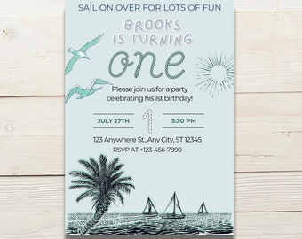 Sailboat 1st Birthday Invitation, Sail On Over For Lots of Fun, Nautical Themed Bday Party, Sailing Into One Editable Invite, Boat Party