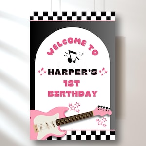 Letrero de bienvenida para cumpleaños de One Rocks Girls, póster de la primera gira mundial, Pink Rock and Roll, plantilla editable Born to Rock, tema Rocked Year One