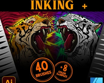May include: A digital illustration of two roaring tigers, one orange and one white, with a colorful background. The image includes text that says "WILD INKING +" and "40 BRUSHES + 8 COLOR SAMPLES". The text also says "VECTOR BRUSHES FOR AFFINITY DESIGNER and ADOBE ILLUSTRATOR".