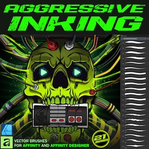 May include: A digital illustration featuring a neon green skull with glowing eyes and a Nintendo controller. The text "AGGRESSIVE INKING" is at the top. The image also includes vector brushes for Affinity and Affinity Designer.