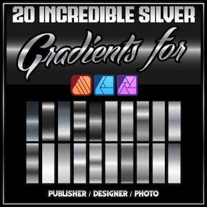 Puede incluir: 20 Increíbles Gradientes Plateados para Editor, Diseñador, Foto. Un conjunto de 20 gradientes plateados en varios tonos de gris, de claro a oscuro, con un brillo metálico.
