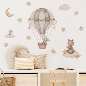 Hot Air Balloon Animals Wall Stickers – Bear & Rabbit Nursery Decals for Kids Room, Baby Boys Bedroom, Safari Vinyl Wall Art