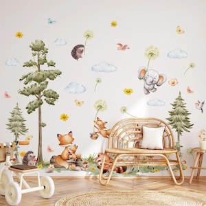Forest Animals Wall Stickers - Cartoon Fox & Hedgehog Decals, Removable Vinyl Nursery Art for Baby Room, Kids Wall Decor