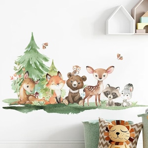 Adesivi murali con animali della foresta - Adesivi murali per cameretta dei bambini con orsi, cervi, conigli, carta da parati per camerette dei bambini, decorazioni murali con animali della foresta