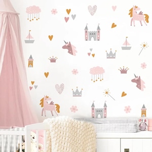 Pegatinas de pared con diseño de unicornios, castillos, nubes y acuarela en color rosa bohemio para habitación de niños, guardería, habitación de bebé y decoración del hogar
