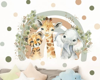 May include: A set of three animal wall decals featuring a giraffe, cheetah, and elephant. The decals are arranged in front of a rainbow-coloured arch with green leaves and gold glitter accents. The background is white with scattered brown, green, and beige polka dots.