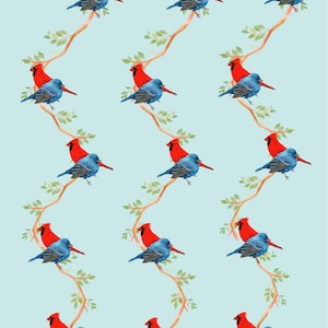 May include: Watercolor illustration of a repeating pattern of red and blue birds perched on branches with green leaves against a light blue background. The birds have red crests and beaks.