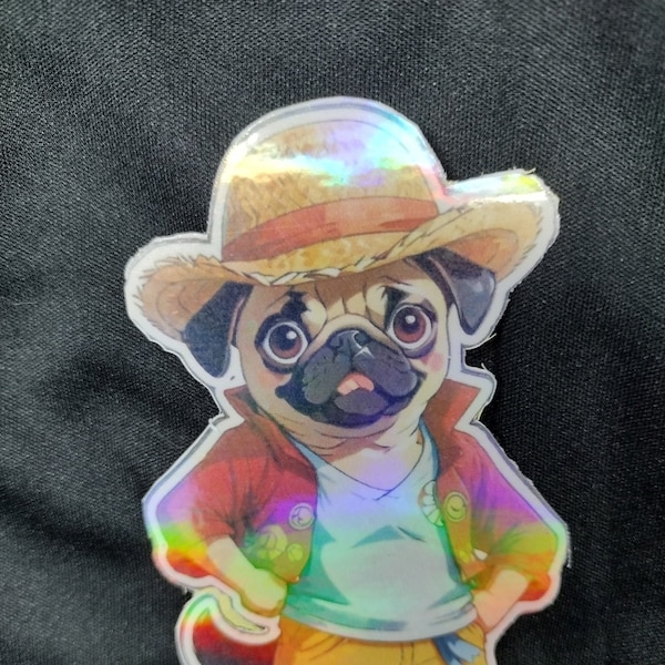 Straw Hat Pug Sticker, Pug Cosplaying Luffy, One Piece, Anime Sticker, Water Bottle and Laptop Decal