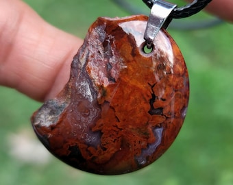 Rare Idaho Electric Sunrise Agate Pendant, Live Edge Moon, Adjustable Leather Rope