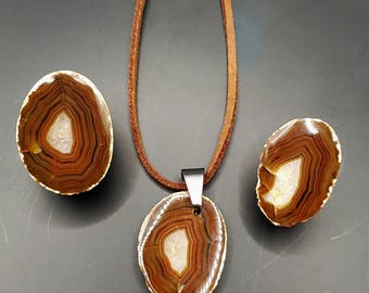 Polished Bahia River Agate pair, with matching raw edge pendant, cut from the same rock.