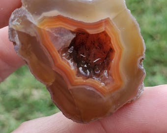 Polished Malawi Agate half: Red bands with geode pocket