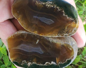 Rare Black River Agate Pair: Argentina Epidote Inclusion, nodule cut and polished by me.