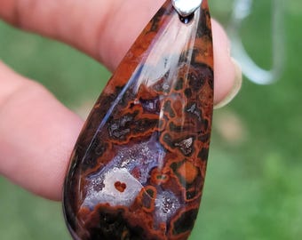 RARE Idaho Electric Sunrise Agate cabachon, teardrop pendant, on a 18" 925 Silver chain.