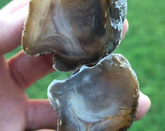 Montana Moss Agate pair. Cut and face polished by me.