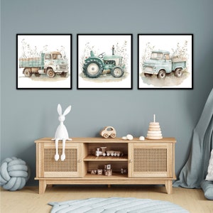 Farm Nursery Print Set of 3 - Boys Playroom Prints - Truck & Tractor Nursery Art - Digital Download - Old Truck Farm Decor for Baby Boy Room