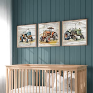 Rusty Tractor Print Set of 3 - Boys Playroom Prints - Farm Nursery Art - John Deere Nursery - Old Tractors Farm Decor for Baby Boys Room