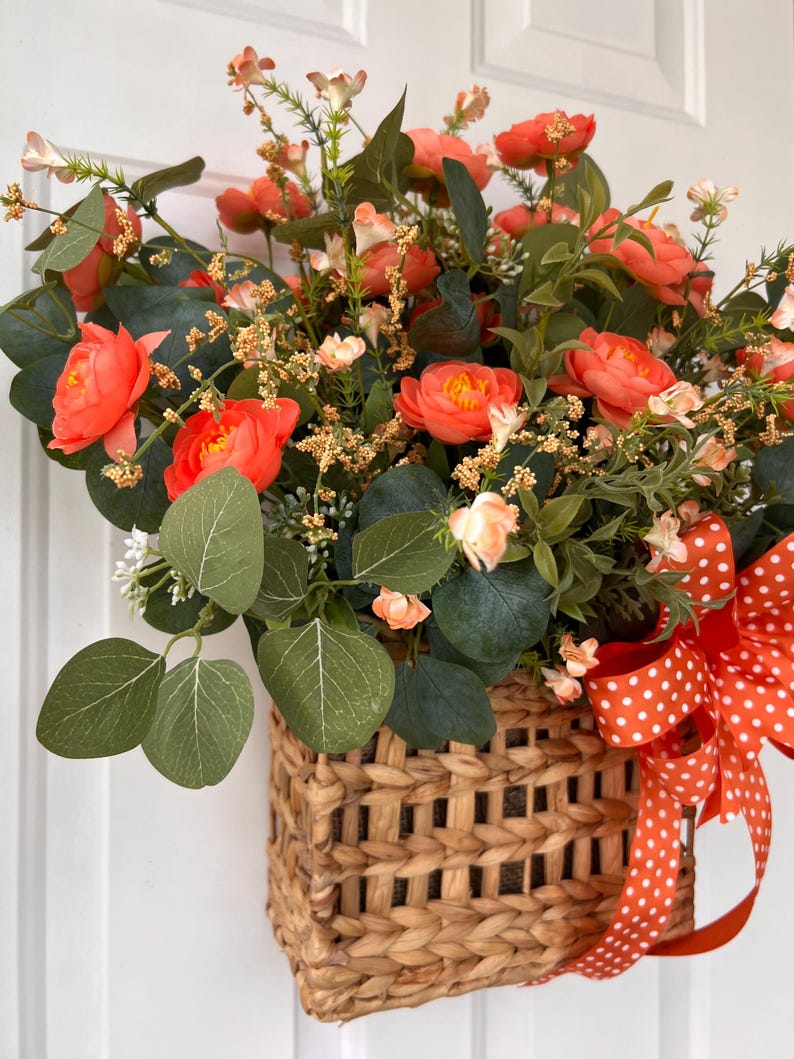 Coral Flowers in Basket Spring Summer, Front Door Mother’s Day All Year ...