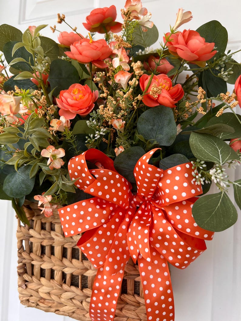 Coral Flowers in Basket Spring Summer, Front Door Mother’s Day All Year ...