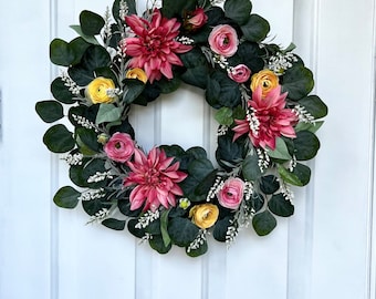 Spring Wreath, Summer Wreath. Wreath for all season, Front Door Wreath for all year round. Modern Farmhouse. Pink flowers