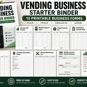 May include: A Vending Business Starter Binder with 10 printable business forms including a startup cost tracker, machine expense sheet, product purchase log, inventory and restock sheet, daily sales log, mileage and fuel log, and profit tracker.