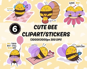 Cute Bee Clipart & Stickers | Hand-Drawn Bee PNG Bundle | Digital Stickers for GoodNotes and Printable Bee Art