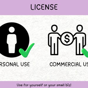 May include: Image showing license options: personal use and commercial use. The personal use icon features a person inside a black circle with a green checkmark. The commercial use icon shows two people with a dollar sign and a green checkmark.