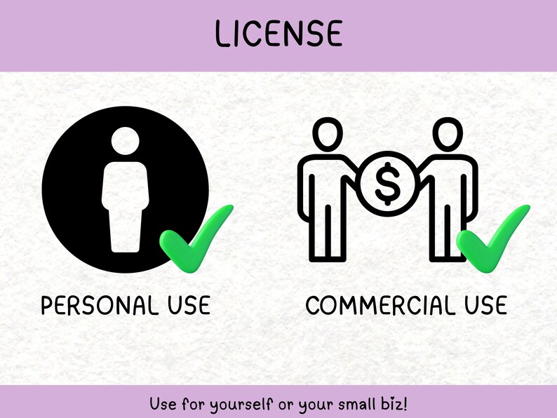 May include: Image showing license options: personal use and commercial use. The personal use icon features a person inside a black circle with a green checkmark. The commercial use icon shows two people with a dollar sign and a green checkmark.