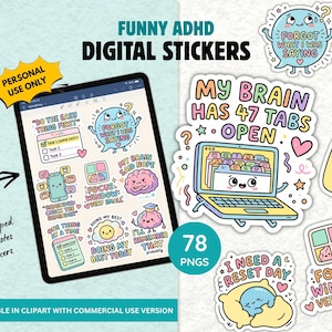 Peut inclure: Une collection d'autocollants numériques colorés présentant des illustrations de dessins animés et du texte lié au TDAH, affichés sur un écran de tablette et sous forme de découpes individuelles. Les designs incluent des phrases comme My Brain Has 47 Tabs Open.