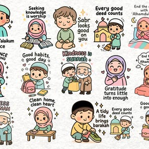 May include: A collection of colorful cartoon stickers with Islamic themes. Each sticker features a different illustration with text, including phrases like "Assalamu'alaikum = Peace", "Kindness is Sunnah", and "Every good deed counts".