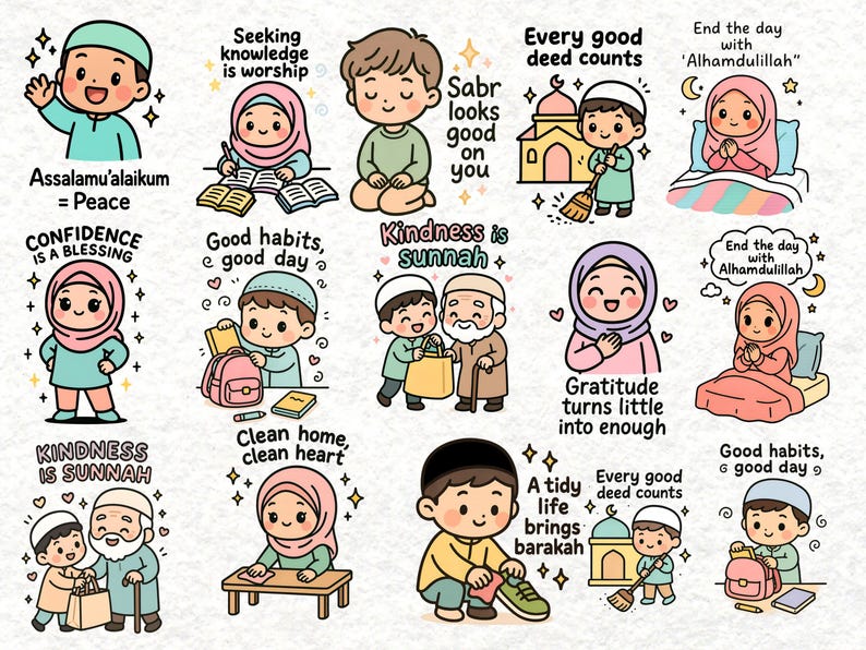 May include: A collection of colorful cartoon stickers with Islamic themes. Each sticker features a different illustration with text, including phrases like "Assalamu'alaikum = Peace", "Kindness is Sunnah", and "Every good deed counts".