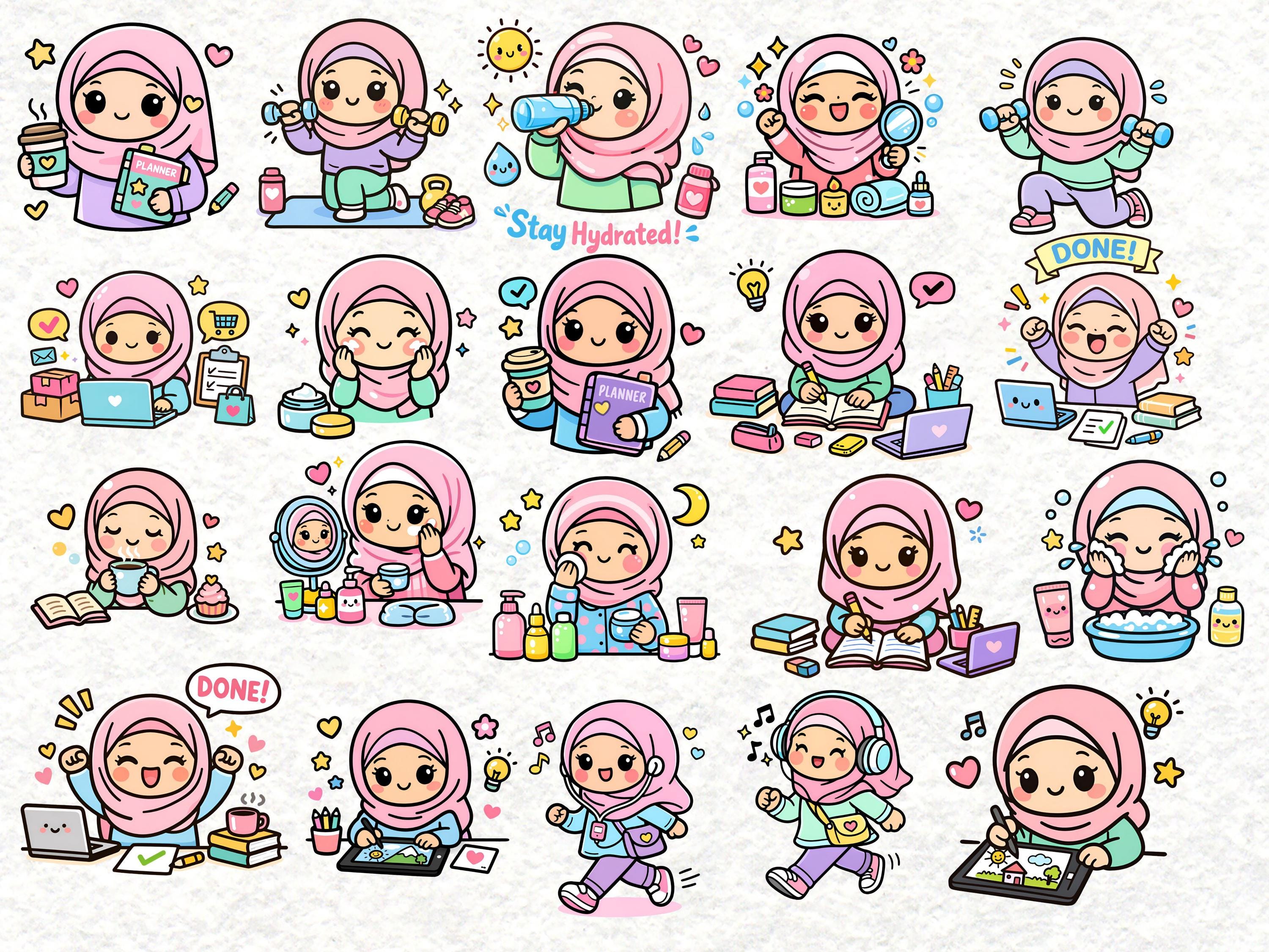 Kawaii Hijabi Productivity Clipart | Cute Muslim Girl Planner Stickers ...