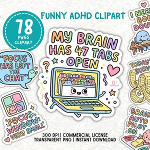 Pode incluir: Uma coleção de autocolantes digitais coloridos com personagens de desenhos animados e texto relacionado com o TDAH, incluindo frases como My Brain Has 47 Tabs Open, Focus Has Left The Chat, I Need A Body Double e Brain Off Auto Pilot On.