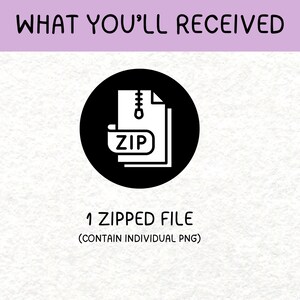 May include: The image displays the text "WHAT YOU'LL RECEIVED" above a black circle containing a white file icon with a zipper and the word "ZIP". Below, it reads "1 ZIPPED FILE (CONTAIN INDIVIDUAL PNG)".