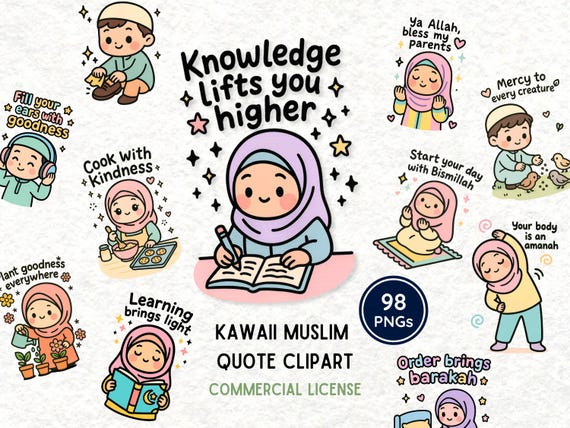 Muslim Quote Clipart Bundle | Islamic Kids Stickers | Cute Hijab Girl Clipart 300 DPI | Islamic Motivational Quote | Muslim Planner Stickers