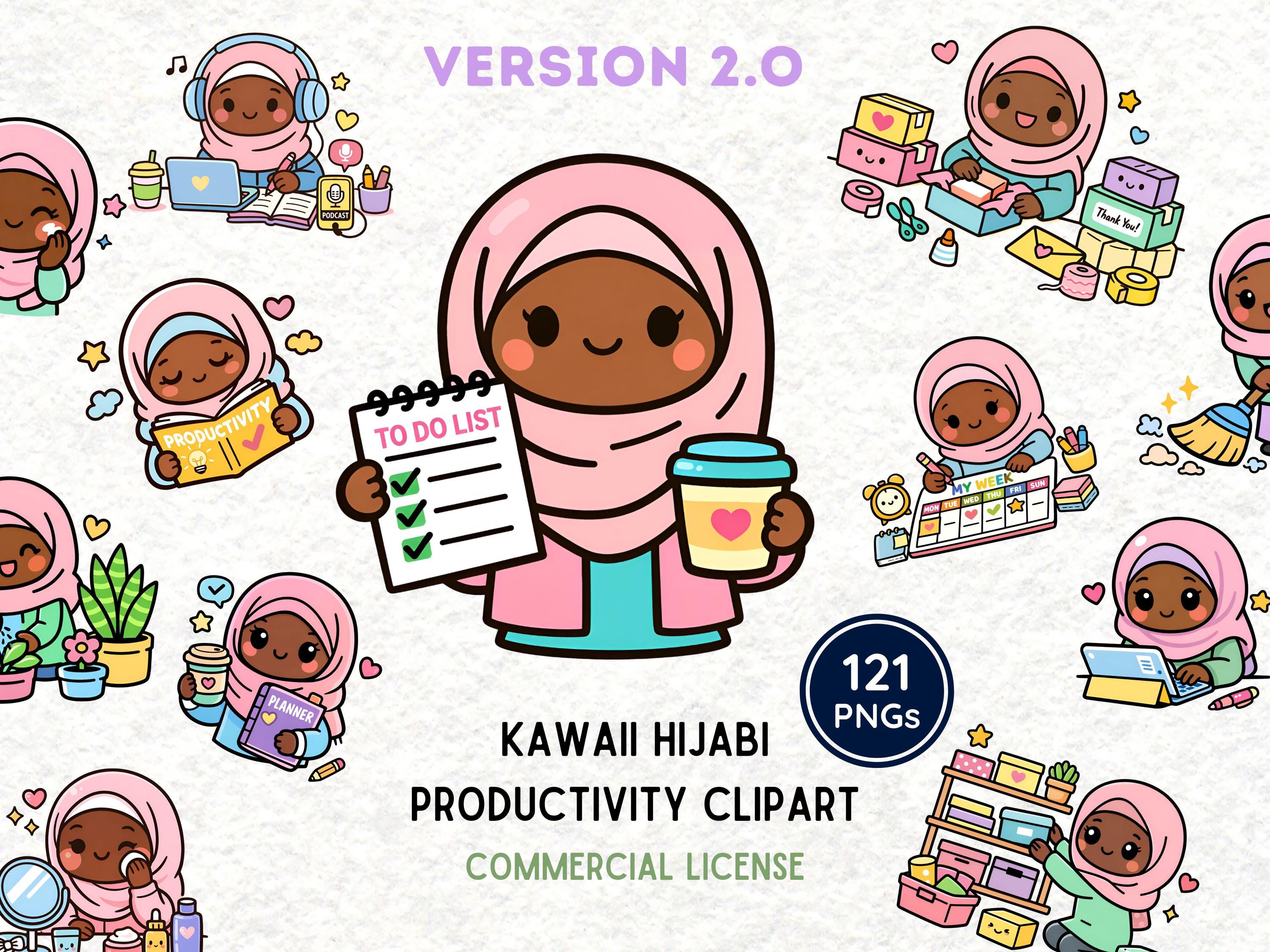 Kawaii Hijabi Productivity Clipart PNG | Dark Skin Version | Muslim ...