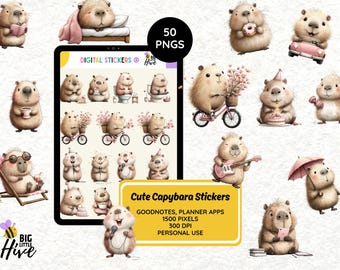 Capybara Digital Stickers for GoodNotes, OneNote, Notability | Cute Kawaii Capybara PNG Sticker Pack | Digital Planner Stickers 300 DPI