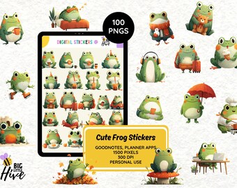 Pegatinas digitales de rana para GoodNotes, OneNote y Notability / Paquete de pegatinas PNG de ranas adorables / Pegatinas para planificadores digitales de 300 ppp