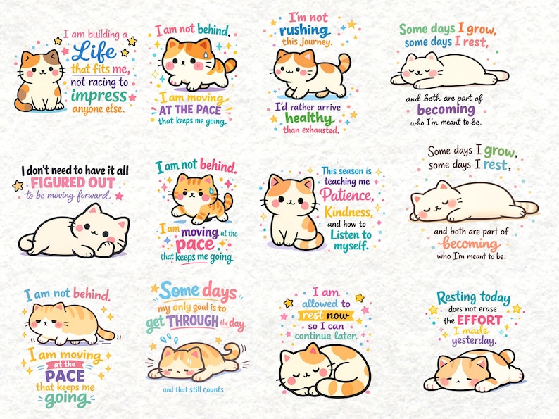 Kawaii Cat Motivational Clipart PNG | Cute Self Care Cat Quotes ...