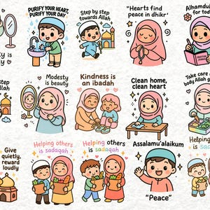 May include: A collection of colorful cartoon illustrations with Islamic themes. Each image features a character and text, including phrases like "Modesty is beauty," "Kindness is an ibadah," and "Alhamdulillah for today."