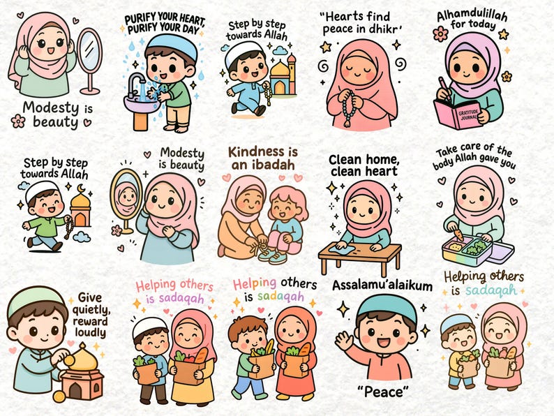 May include: A collection of colorful cartoon illustrations with Islamic themes. Each image features a character and text, including phrases like "Modesty is beauty," "Kindness is an ibadah," and "Alhamdulillah for today."