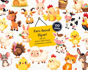 Farm Animals Clipart Set | Cute Farm Animal PNG Bundle | Rooster Cow Goat Sheep Duck Horse Clip Art | 300 DPI Transparent PNG