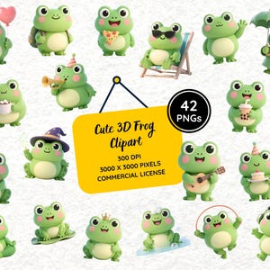 May include: A collection of 3D frog clip art images. The frogs are green with white bellies and various accessories, including a party hat, sunglasses, and a guitar. The image includes the text "Cute 3D Frog Clipart" and "42 PNGs".