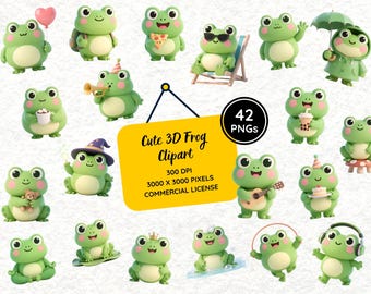 Cute 3D Frog Clipart Bundle | 42 PNG Stickers | High Resolution 300 DPI | Transparent Background | Digital Download for Planner, Sublimation