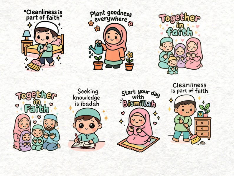 May include: A collection of colorful cartoon illustrations with Islamic themes. The images depict various scenes, including family prayer, planting, studying, and cleaning. Each image has text in English, such as "Cleanliness is part of faith" and "Start your day with Bismillah."