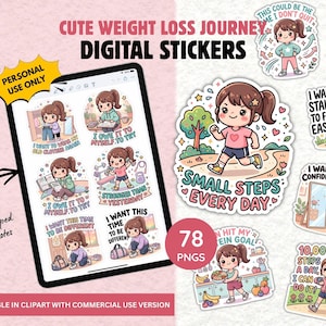 Adesivos digitais fofos para perda de peso, adesivos motivacionais para planejamento de fitness, adesivos para GoodNotes sobre hábitos saudáveis, PNG para diário de autocuidado