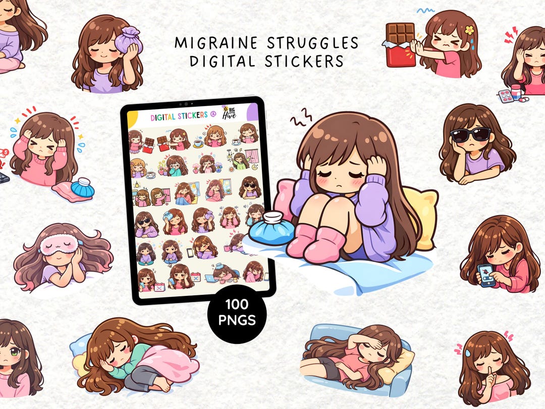 Migraine Struggle Digital Stickers | Headache Girl PNG | Chronic ...