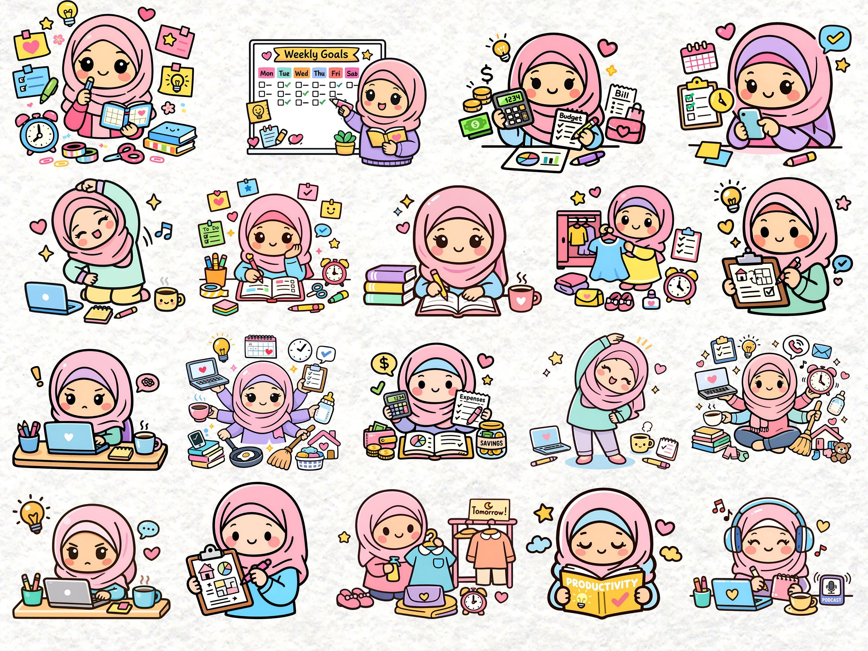 Kawaii Hijabi Productivity Clipart | Cute Muslim Girl Planner Stickers ...