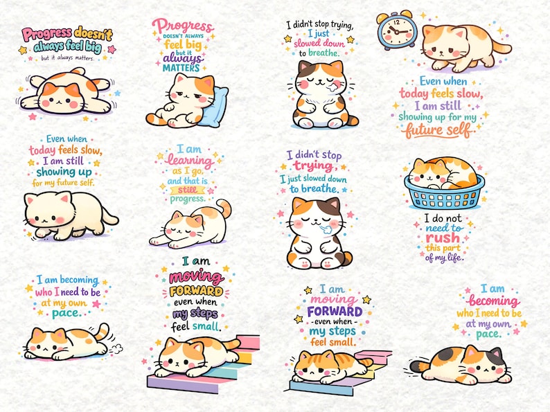 Kawaii Cat Motivational Clipart PNG | Cute Self Care Cat Quotes ...