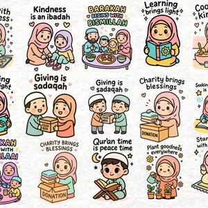 May include: A collection of colorful cartoon illustrations with Islamic themes. The images depict various activities such as cooking, giving charity, reading, and family gatherings. Each image includes text in English, such as "Cook with kindness" and "Giving is sadaqah."