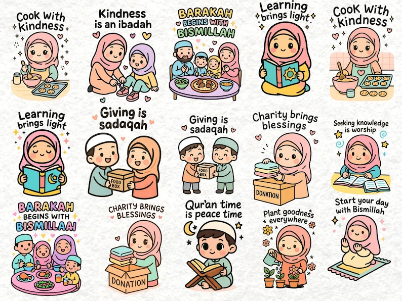 May include: A collection of colorful cartoon illustrations with Islamic themes. The images depict various activities such as cooking, giving charity, reading, and family gatherings. Each image includes text in English, such as "Cook with kindness" and "Giving is sadaqah."